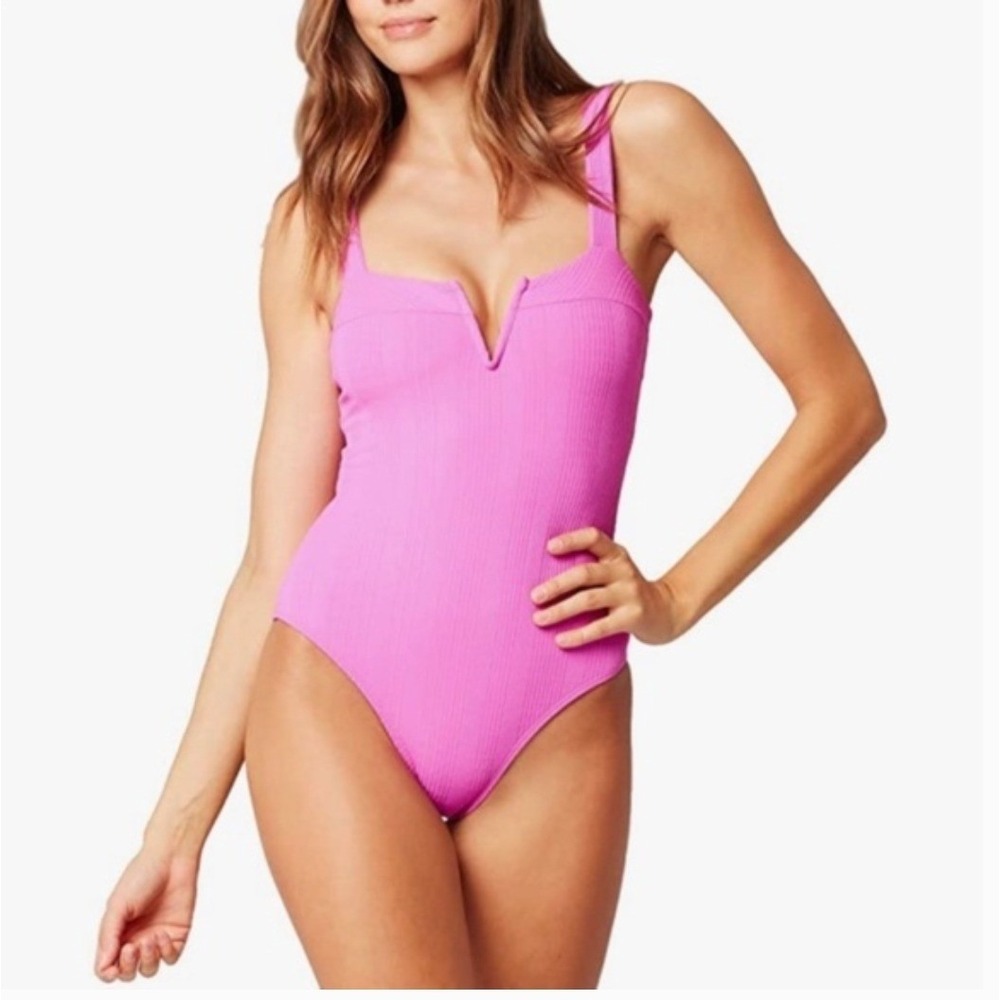 L*Space Chacha One Piece Pink Ribbed V-Wire Swimsuit High Cut Leg Tank Straps